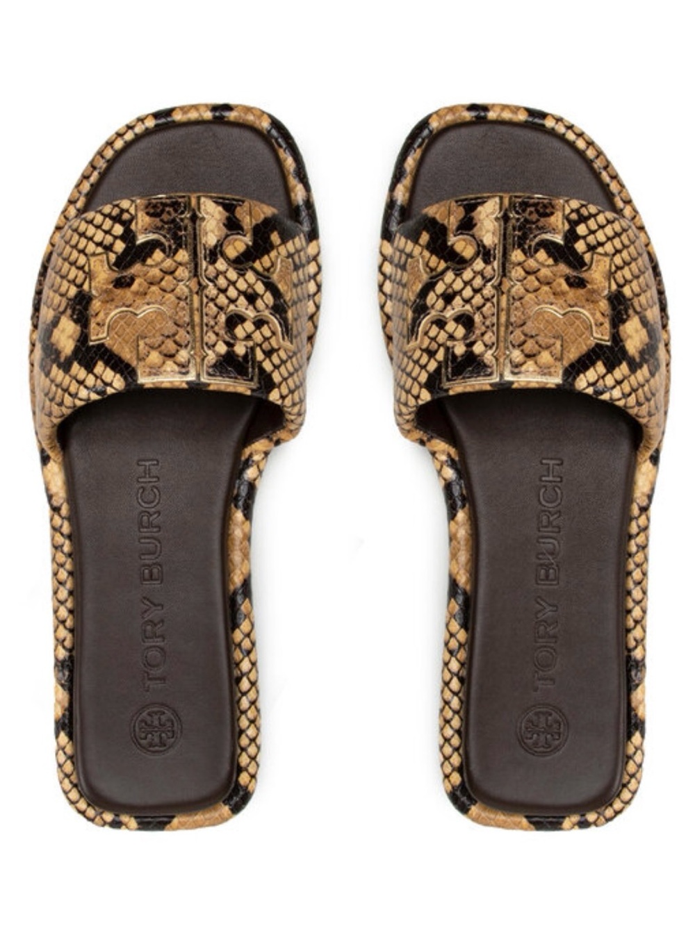 Tory Burch Tan & Black Snake-Print Slide Sandals
